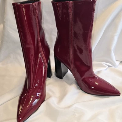 Jeffrey Campbell SZ 7 Siren-24 Bootie Red WINE Patent Pointed toe Clunky Heel - Image 1 of 4