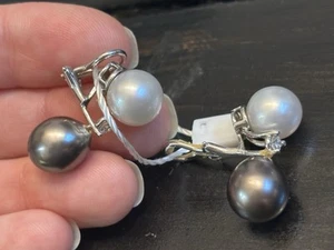 14K White Gold Black & White Pearl Earrings with Diamond Accents - Picture 1 of 6