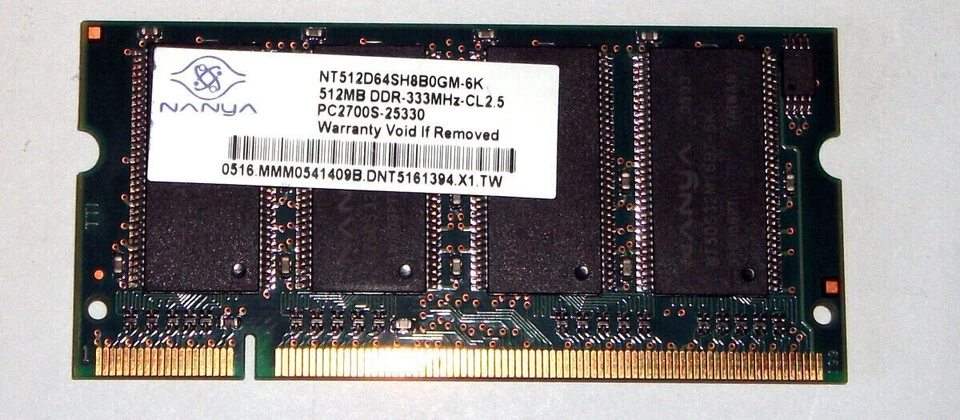512MB DDR MEMORY 200-pin SO-DIMM PC-2700S 'Nanya NT512D64SH8B0GM-6K - Image 1 of 1