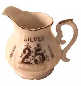 Vintage 25th Anniversary Porcelain Silver White Floral Creamer Pitcher - Picture 1 of 5