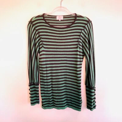 Lanvin En Blue Size 38 10 Black & Green Stripe Long Sleeve Knit Top Designer — 第 1/4 张图片