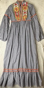 Vintage 70s Joseph Magnin Embroidered Gingham Maxi Dress Sz 9 Hippy Cottage Core - Picture 1 of 15