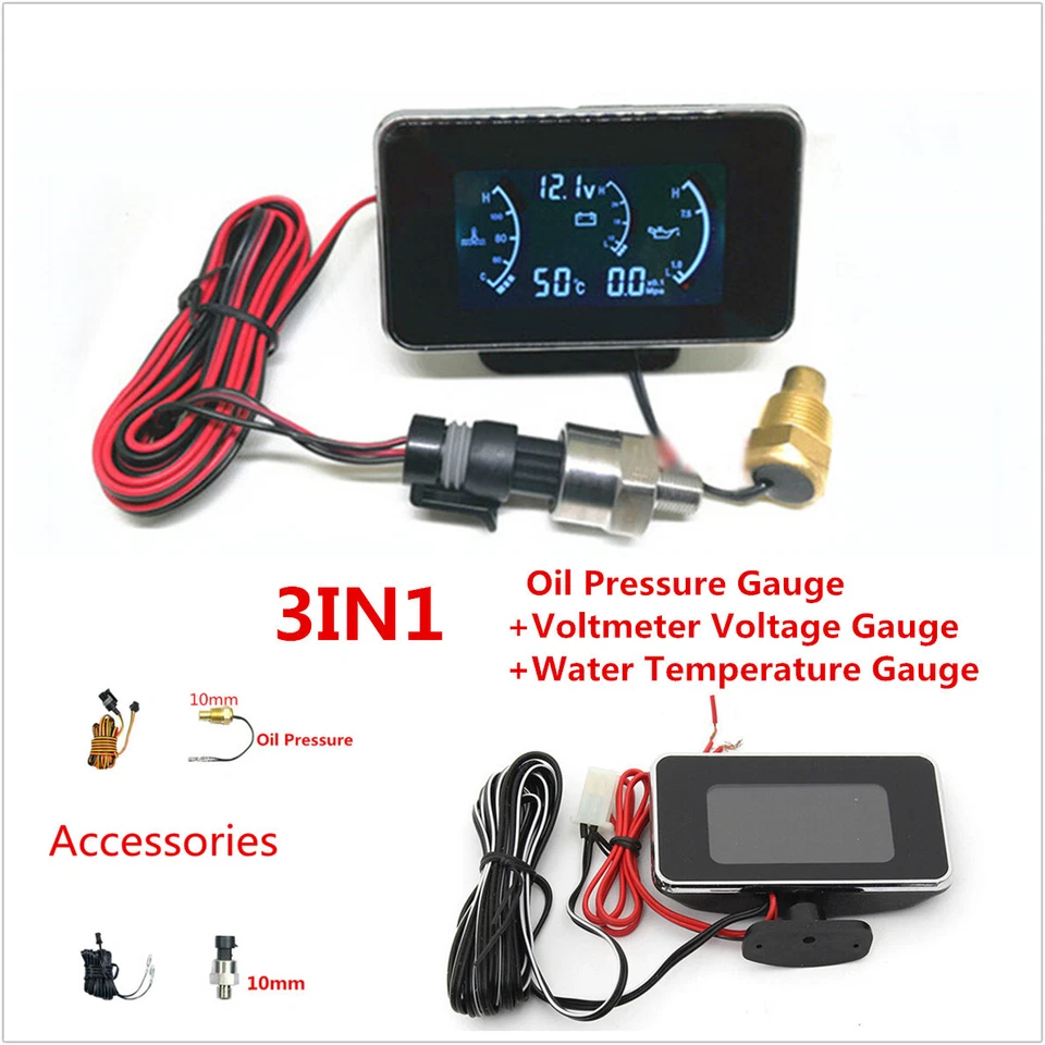3In1 12/24V Car LCD Digital Oil Pressure/Voltmeter/Water Temperature Gauge Meter - Image 1 of 4