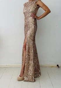 Bariano Gold Art Deco Sequin Formal Gatsby Evening Dress Ball Gown Sz 6-8 US 2-4 - Picture 1 of 8