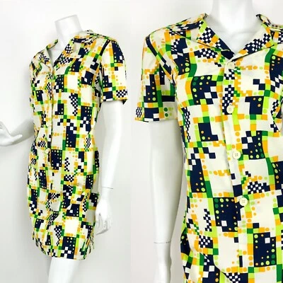 VESTIDO CAMISA PIXEL GEOMÉTRICO VINTAGE ANOS 60 ANOS 70 CREME VERDE LIMÃO AZUL LARANJA 10 12 - Imagem 1 de 4