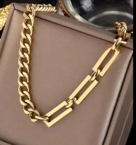 Women's Jewelry Gold Color Steel Chunky Chain Choker Necklace 56-6 - Picture 1 of 9