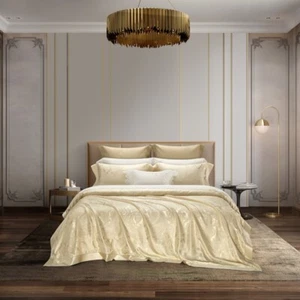 Jacquard Bedding Sets 4pcs 100% Silk Duvet Cover Flat Sheet 2 Pillowcases Golden - Picture 1 of 20