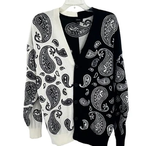 Smog Black And White Paisley V-Neck Cardigan Relaxed Fit Unisex Size Medium - Picture 1 of 10