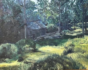 Vintage American Rural Landscape Oil Painting Green Trees Forest Old Cabin Home - Imagen 1 de 22