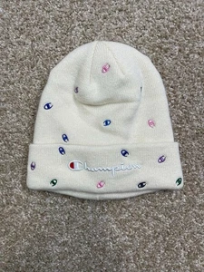 Champion Beanie Mütze Herren One Size Creme Weiß Allover Logo Strick Winter Freizeit - Bild 1 von 2