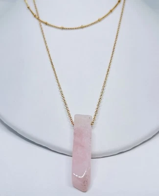 Pink Rose Quartz Crystal Point Layered Necklace Dainty Double Gold Tone Chain - Image 1 of 4