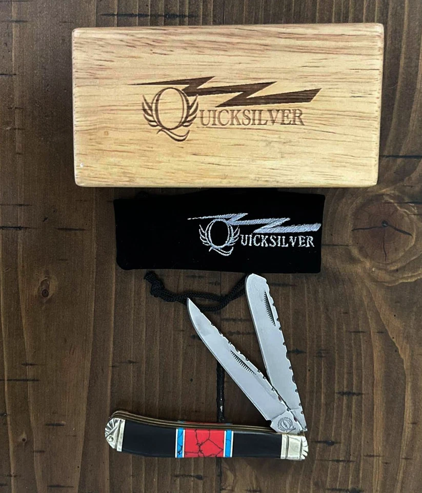 Quicksilver Pocket Knife With Wooden Case & Sock, Two, 3" Folding SS Blades! New - Image 1 of 1