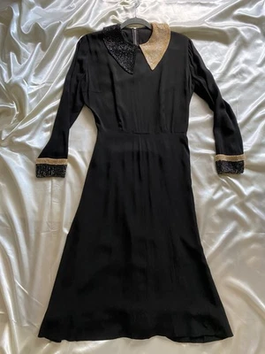 Vintage 1930s 1940s Black Crepe Sequin Midi Dress Small Collared Art Deco - Image 1 of 4
