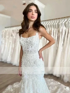 3D Blumen Perlen Spitze Meerjungfrau Brautkleid eckiger Kragen ärmellos Brautkleider - Bild 1 von 7