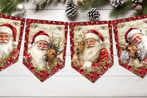 Traditional Style Santa & Reindeer Christmas Bunting Banner Bunting Decoration - Picture 1 of 4