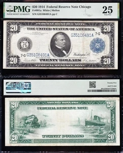 VERY NICE Bold & Crisp VF+ 1914 $20 CHICAGO Federal Reserve Note! PMG 25! 08491A - Picture 1 of 3