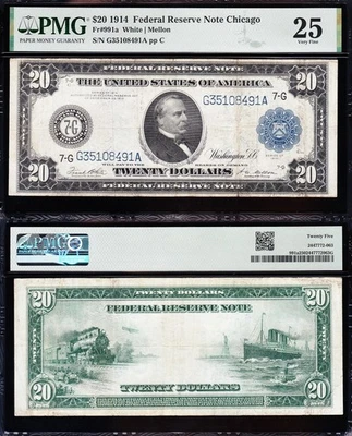 VERY NICE Bold & Crisp VF+ 1914 $20 CHICAGO Federal Reserve Note! PMG 25! 08491A - Image 1 of 3