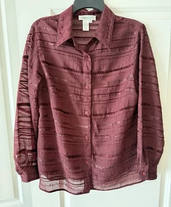 Coldwater Creek Burgundy Red Semi-Sheer Striped Long Sleeve Top Women’s Sz PM - Picture 1 of 12