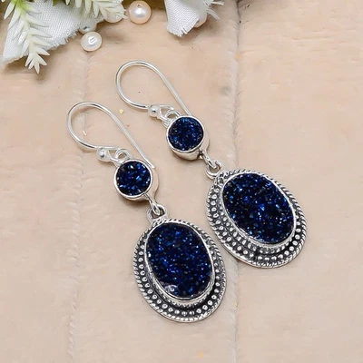 Electric Blue Titanium Agate Drusy Earring, Christmas Gift, Gift For Her E141461 - Image 1 of 4