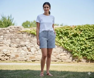 16 Old Navy karierte Damenshorts Alltag Gingham marineblau weiß mittelhoher Bund Shorts - Bild 1 von 24