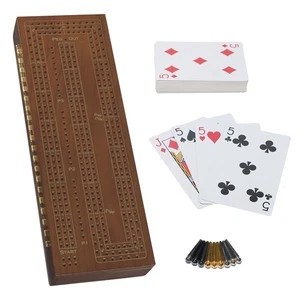WE Games 3 Player Wooden Cribbage Board Set with storage, Walnut Stained - Picture 1 of 8