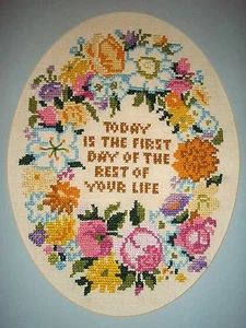 VTG Finished Floral Sampler Cross Stitch Evenweave Linen Fits Frame 18" x 15" - Picture 1 of 1