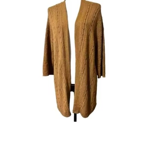 J. Jill Cable Fisherman Cardigan Long Camel Brown Knit Cotton Blend XL Excellent - Picture 1 of 8
