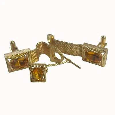 Vintage Swank Gold Tone Mesh Citrine Topaz Glass Cufflinks With Tack Tie - Image 1 of 4