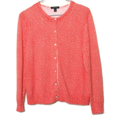 Lands' End Women Orange Polka Dot Long Sleeve Button Cotton Cardigan Sweater Lge - Image 1 of 4