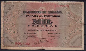 BILLETE ESPAÑA 1000 PESETAS AÑO 1938 BURGOS - SERIE A - Picture 1 of 2