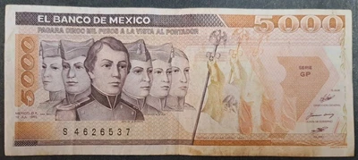1985 Mexico 5000 Pesos P88a, Serie  GP S4626537. - Image 1 of 3