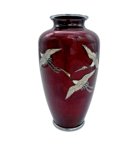 Vintage japanische Sato Cloisonné Ginbari Vase rot Emaille Silberdraht Kraniche 7,5" - Bild 1 von 9