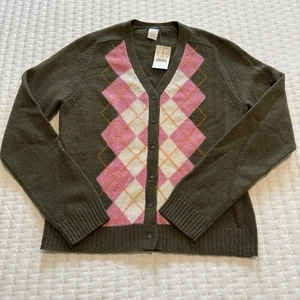 J. Crew Strickjacke Olivgrün & Rosa Argyle 100% Lammwolle Neu mit Etikett Gr. M Medium - Bild 1 von 10