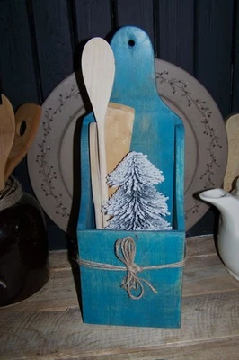 Caja de velas de madera primitiva autoportante o montaje en pared acabado azul turquesa Foto 1 de 4