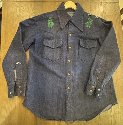 Camisa Western Denim Azul Marino Personalizada Vintage Hombres Se Ajusta XL Botón a Presión Bordado Foto 1 de 4