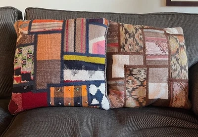 Kilim Cushion Covers x 2  Vintage pieces of 100% wool pieced together. - Image 1 of 4