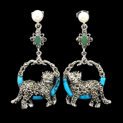 Orecchini in argento sterling 925 rotondi smeraldo turchese perla pietra... - Immagine 1 di 4