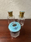 Antique Blue Guilloche Glass Enamel Vanity Set Perfume Bottles & Jar Pink Flower