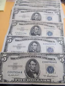 Antique 1953 Five Dollar $5 Old US Currency Silver Certificate, Blue Seal - Picture 1 of 3