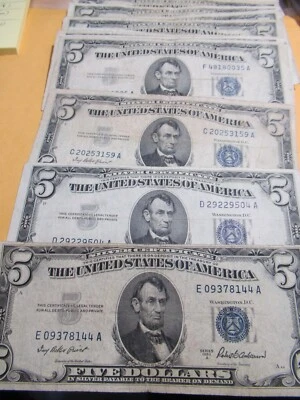 Antique 1953 Five Dollar $5 Old US Currency Silver Certificate, Blue Seal - Image 1 of 3