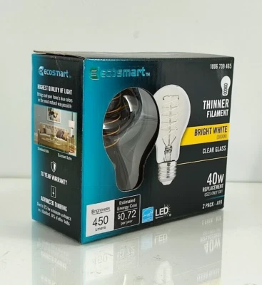 Ecosmart 40W Dimmable Bright White Thinner Filament Clear Glass Bulb (2-Pack) - Image 1 of 4