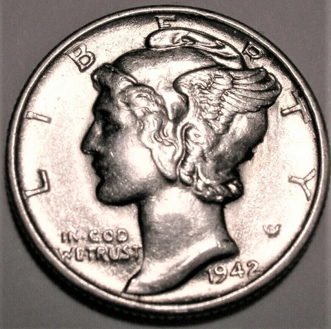 1942 P Mercury Dime Almost Uncirculated 90% Silver Coin AU Cover