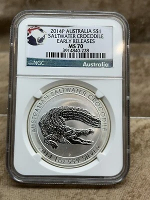 2014-P Australia S$1 Saltwater Crocodile NGC MS 70 Early Releases Yellow Hue - Image 1 of 4