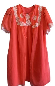 Bright Coral Chiffon and Nylon Lacey Gown Peignoir Set Vintage S Holiday Gift - Picture 1 of 19