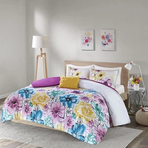 SCHÖNES MODERNES BLAU AQUA TÜRKIS GELB LILA GRAU BLUMEN MÄDCHEN BETTDECKEN-SET - Bild 1 von 1
