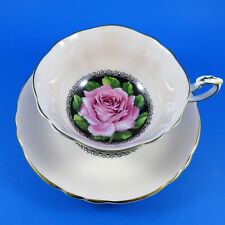 Huge Pink Rose on Black with Peach Border Paragon Tea Cup and Saucer Set