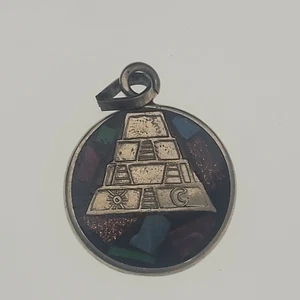 Vintage Mexiko Sterlingsilber Overlay Talavera Sonne Faux Edelstein Anhänger Azteken - Bild 1 von 2