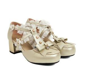 Girls Lolita Lace Bow Sweet Japanese High Thick Heel Ladies Plus Size Shoes