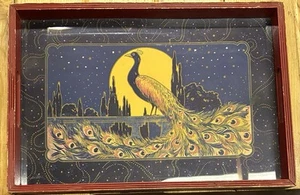 Vintage Peacock Over the Moon Cocktail Serving Tray Art Deco Barware Wood Frame - Picture 1 of 11