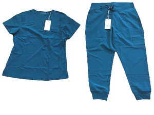 New Mandala Large Peacock Teal Scrub Petite Jogger Pants Set, V-neck Top (C3-27) - Picture 1 of 8